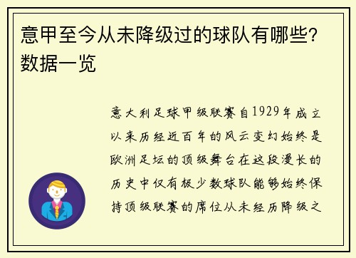 意甲至今从未降级过的球队有哪些？数据一览