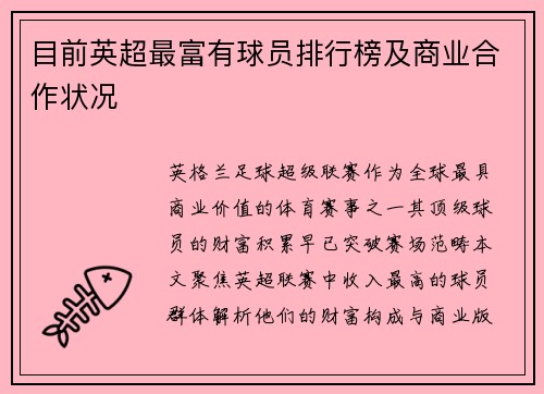 目前英超最富有球员排行榜及商业合作状况